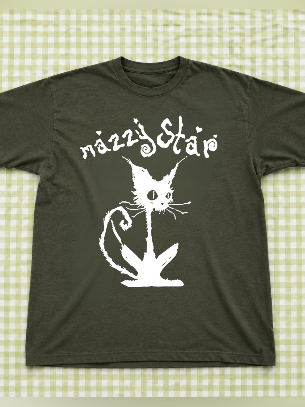 Gildan Forest Green Mazzy Star Tee with White Cat Graphic